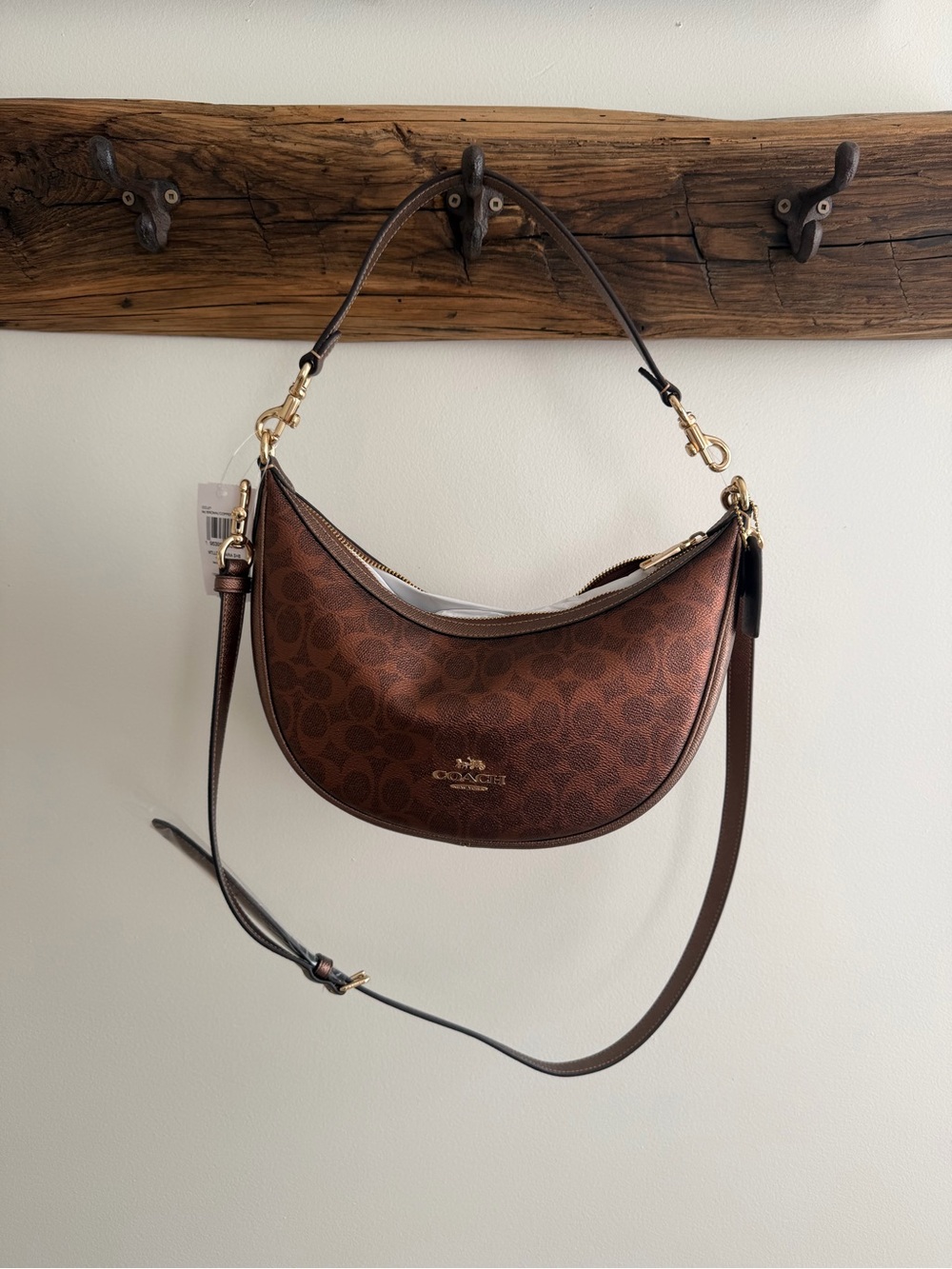 Coach Brown Signature Crescent Shoulder Bag with Gold Hardware